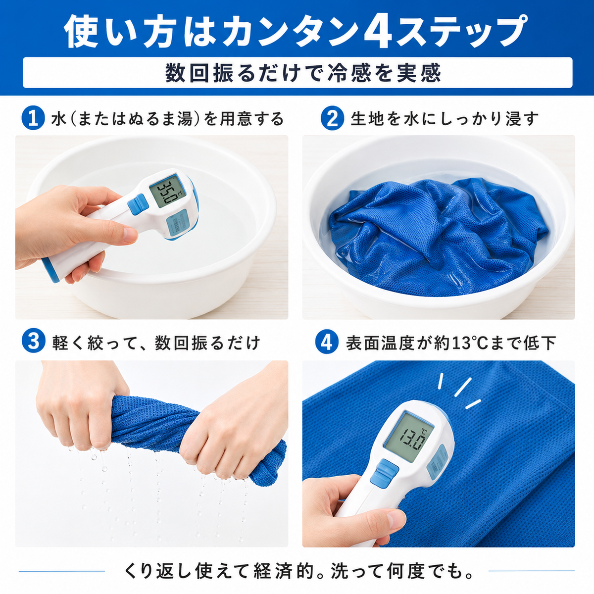 使い方4ステップ 水に浸して振るだけで表面温度が約13℃まで低下 くり返し使えて経済的